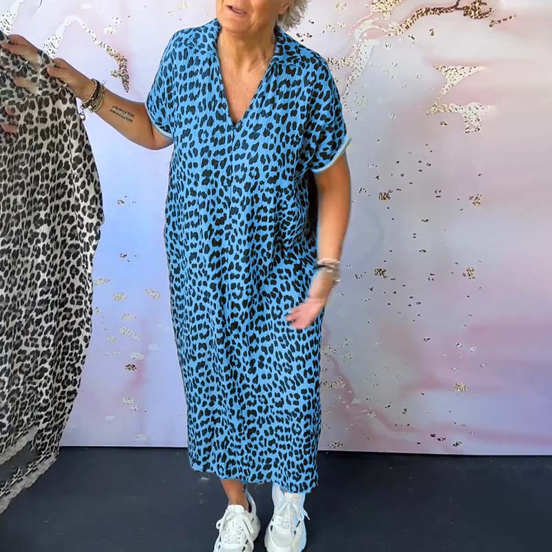 V-neck Short Sleeve Leopard Print Dress