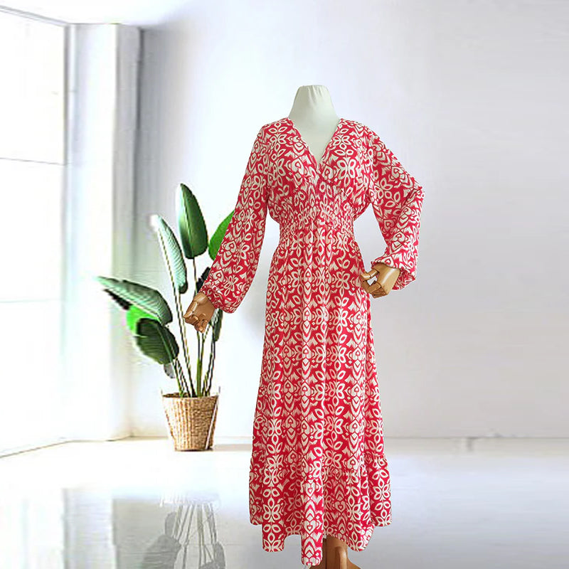 New Floral Print V Neck-Long Dress