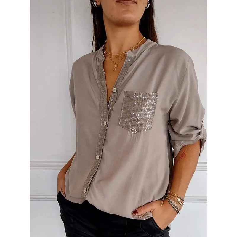 Relaxed button-up sequin paneled top