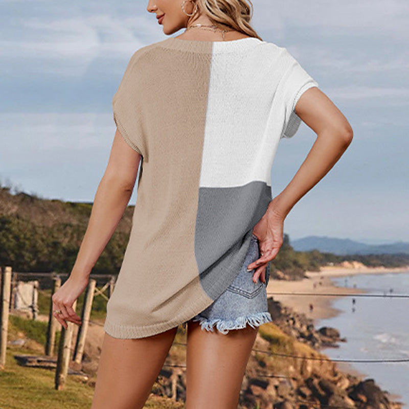 V-Neck Colorblocked Cap Sleeve Knit