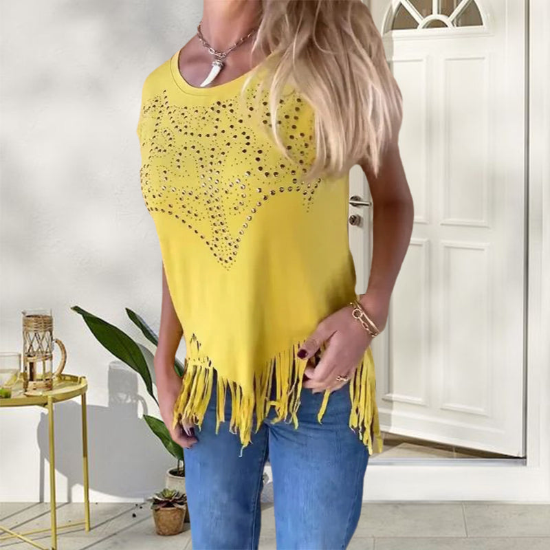 Women's solid colour short sleeve T-shirt with hot print and frayed hem