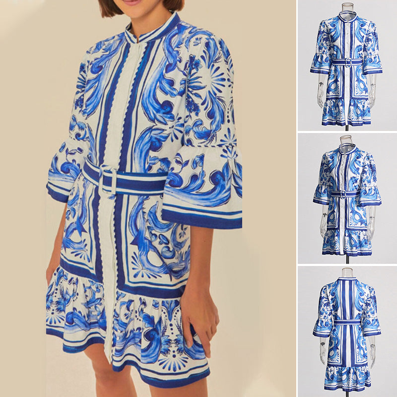 Flared Sleeve Blue Printed Short Dress