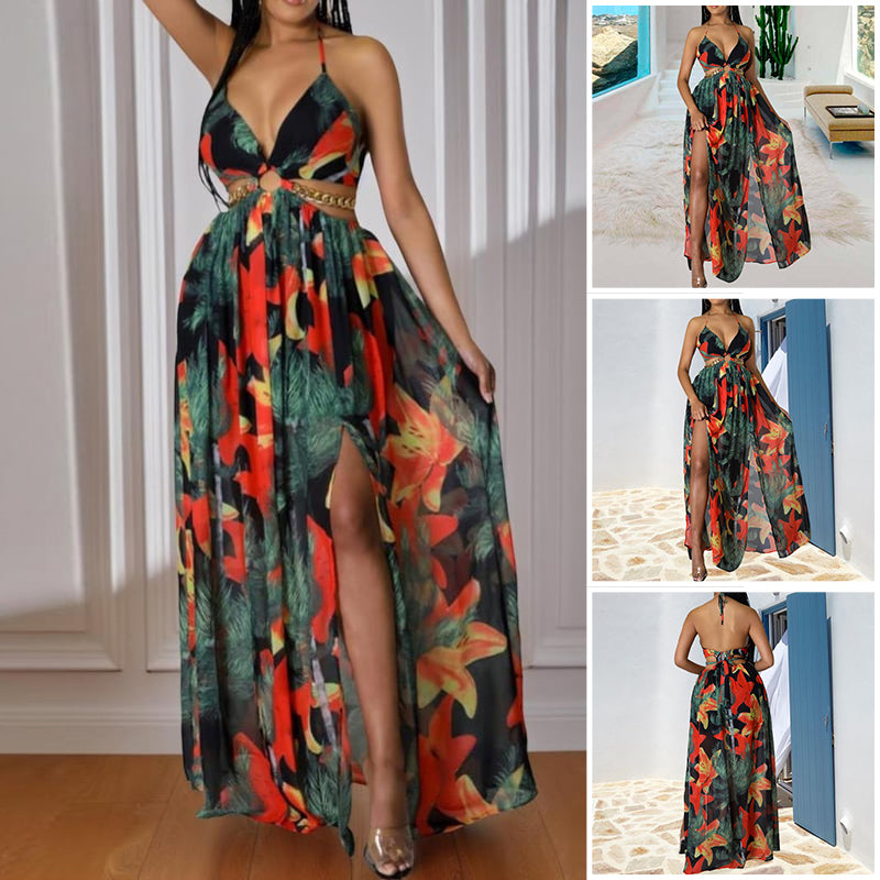 Women's Floral Print Chain Decor Split Thigh Dress