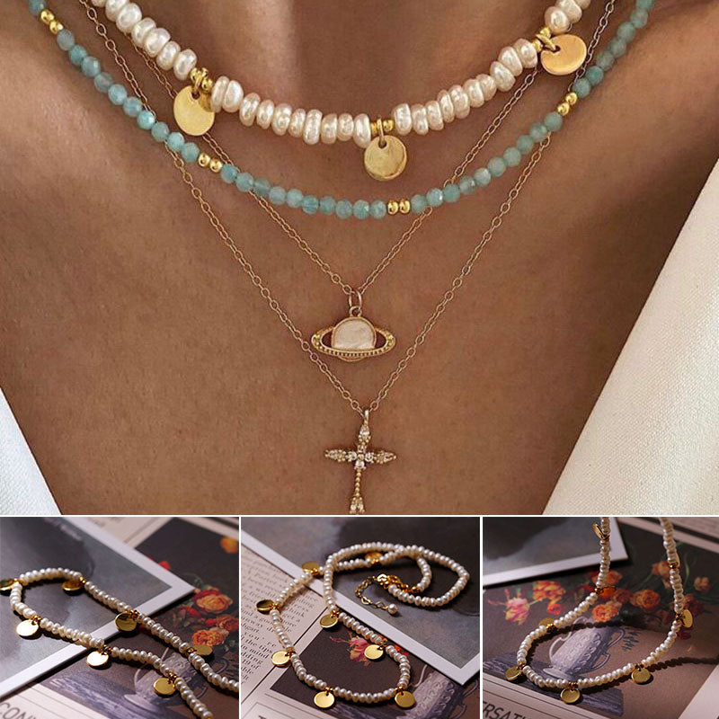 Coin Beaded Gold Rice Pearl Necklace