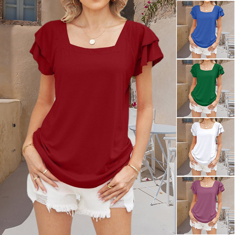 Solid Color Ruffle Sleeve Loose Square Neck T-Shirt