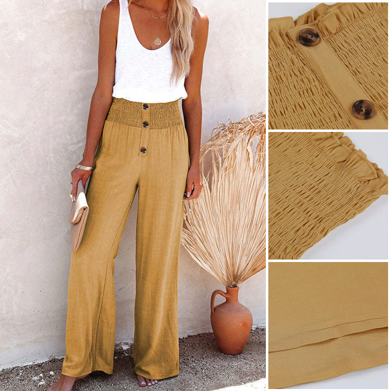 Breezy Linen Blend High-Waist Smocked Trousers