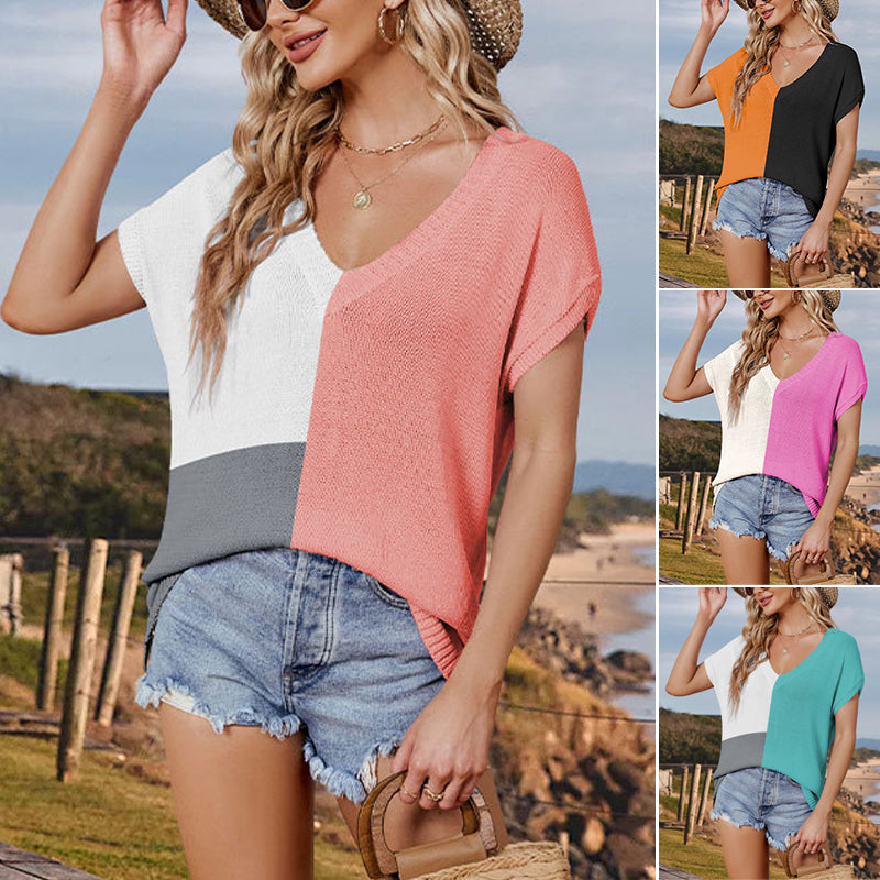 V-Neck Colorblocked Cap Sleeve Knit