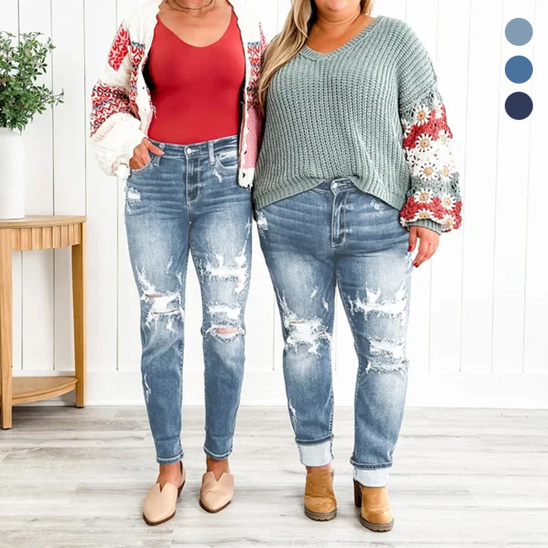 Torn Hole Mid-Waist Calf Pants