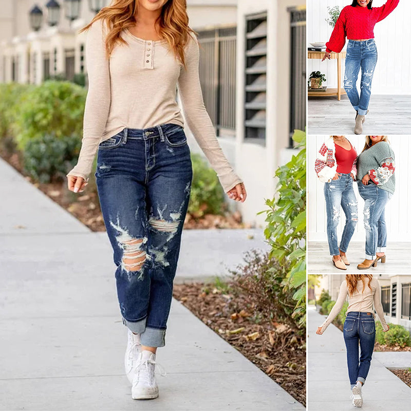 Torn Hole Mid-Waist Calf Pants