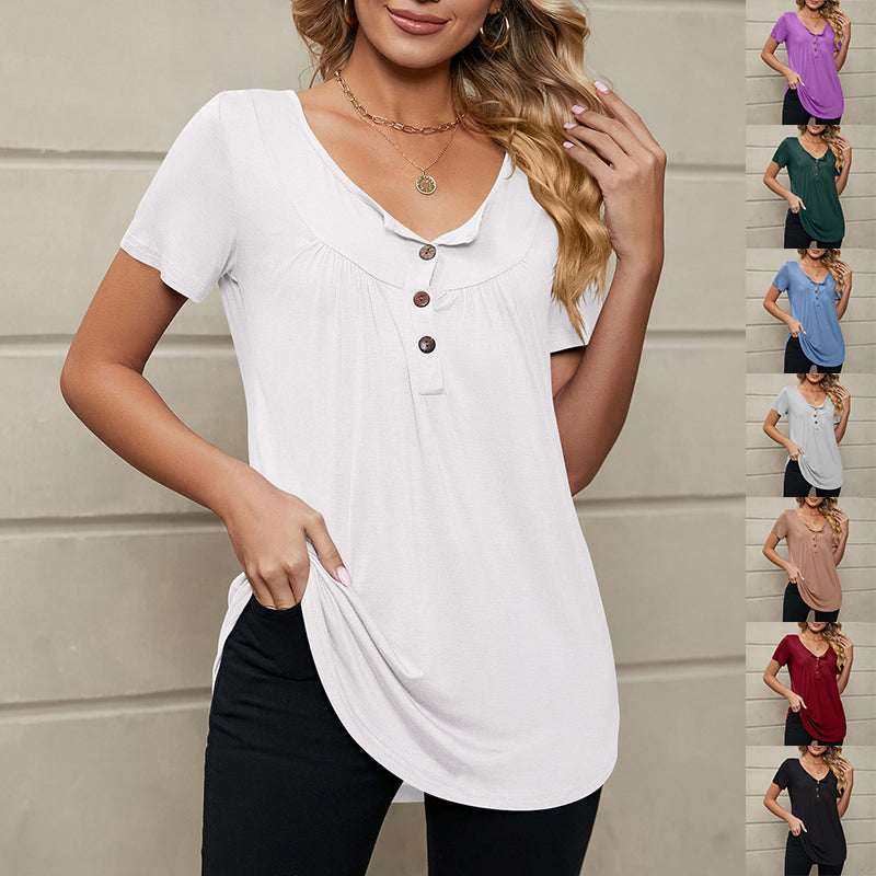 New Solid Color Loose Button T-shirt