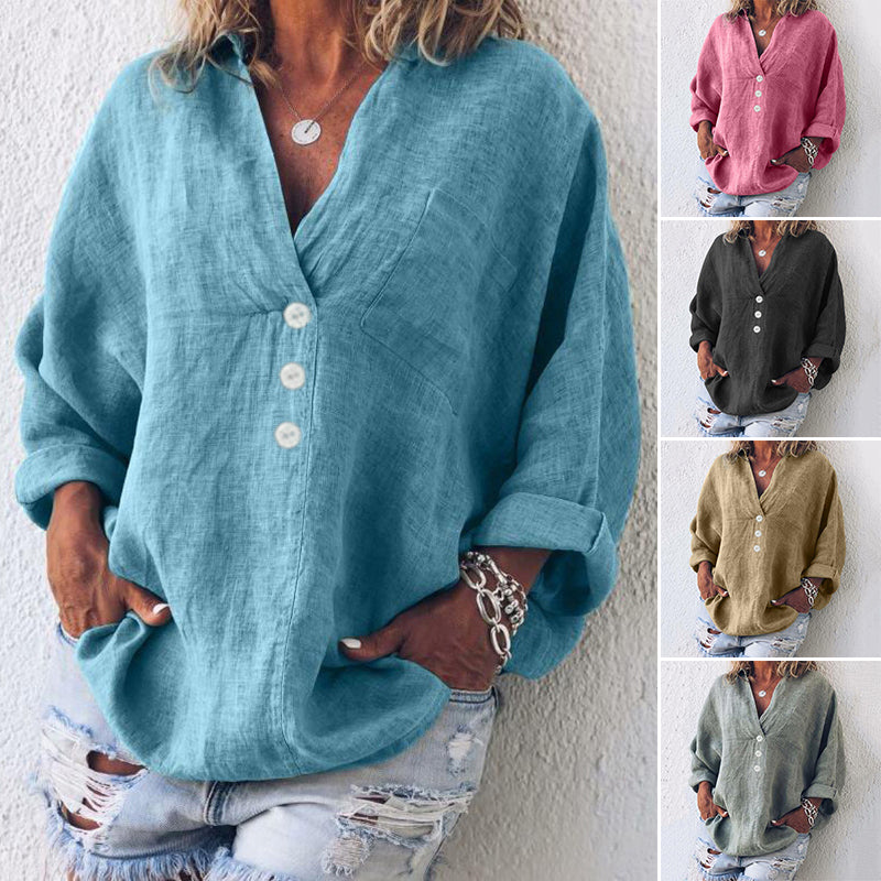 V-neck imitation cotton linen long-sleeved shirt