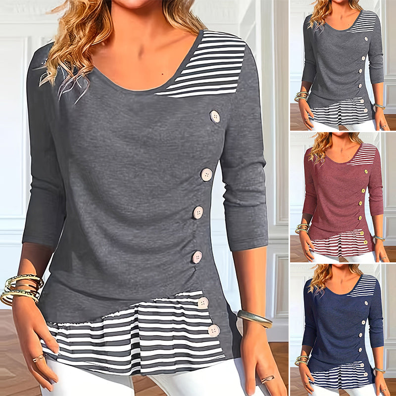 Striped Button Print Long Sleeve Casual Blouse