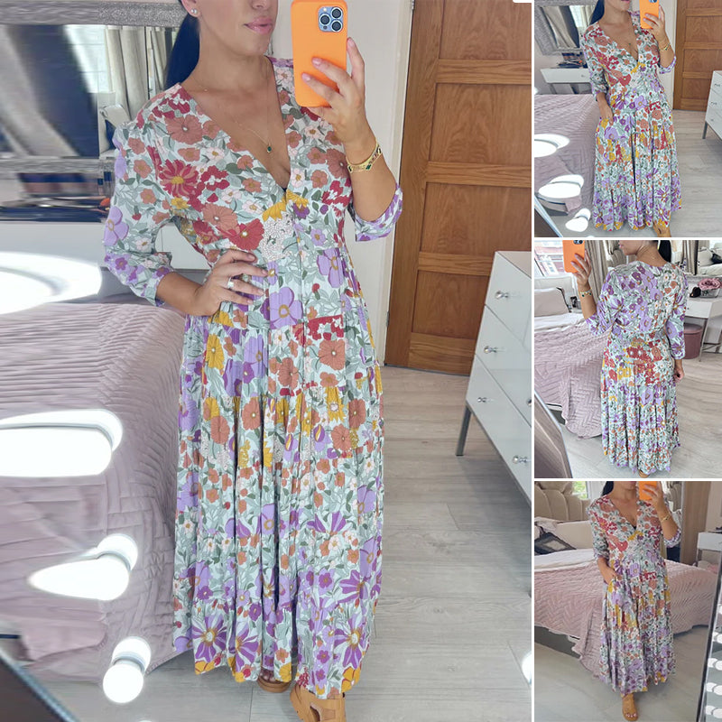 Casual Floral Print V-neck Dress