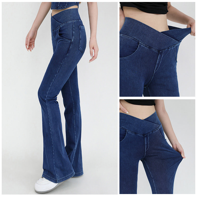 Stretchy Denim High Waisted Crossover Flare Pants