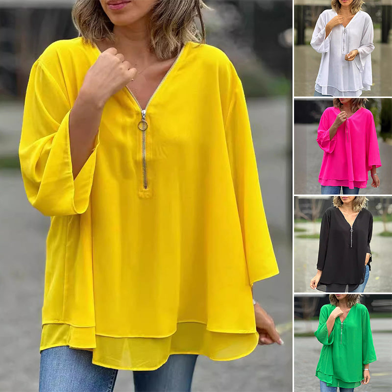 Chiffon Zipper V-neck Top