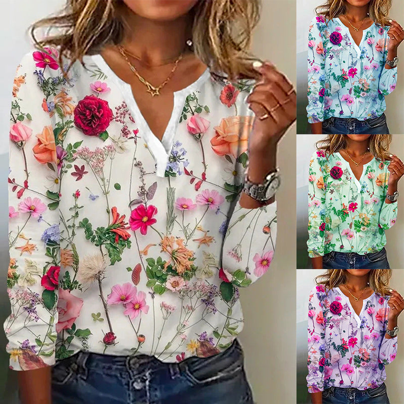 Printed V-neck Long Sleeve Top