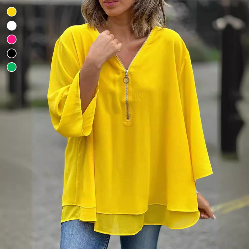 Chiffon Zipper V-neck Top