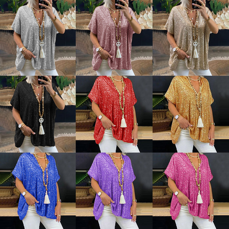 Loose-fitting V-neck T-shirt with Sequins