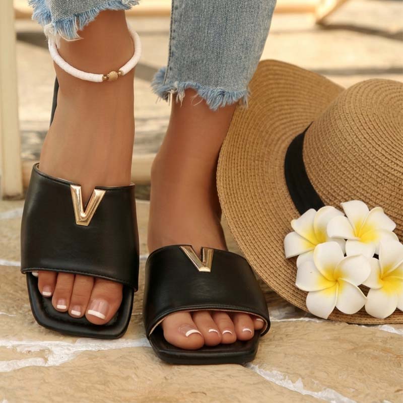Metal Accent Flat Slide Sandals