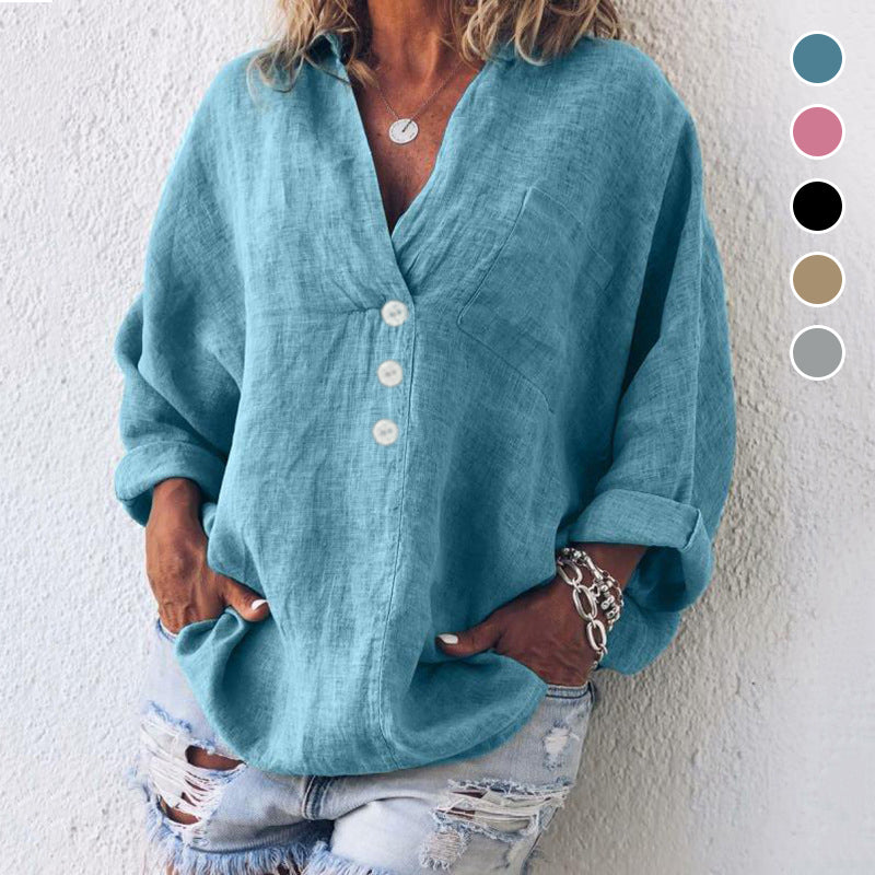 V-neck imitation cotton linen long-sleeved shirt
