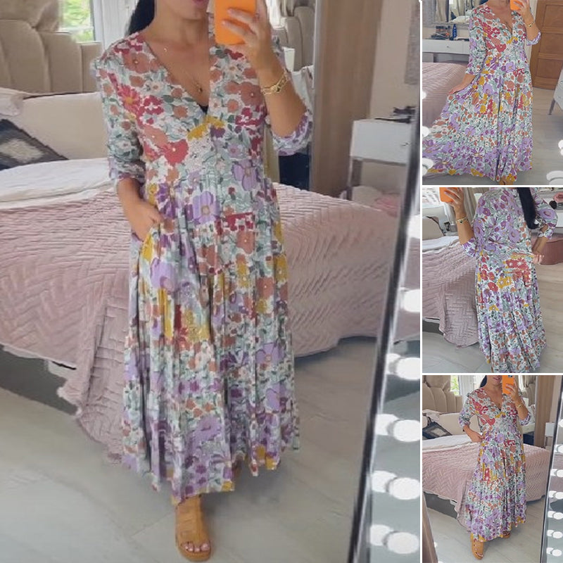 Casual Floral Print V-neck Dress