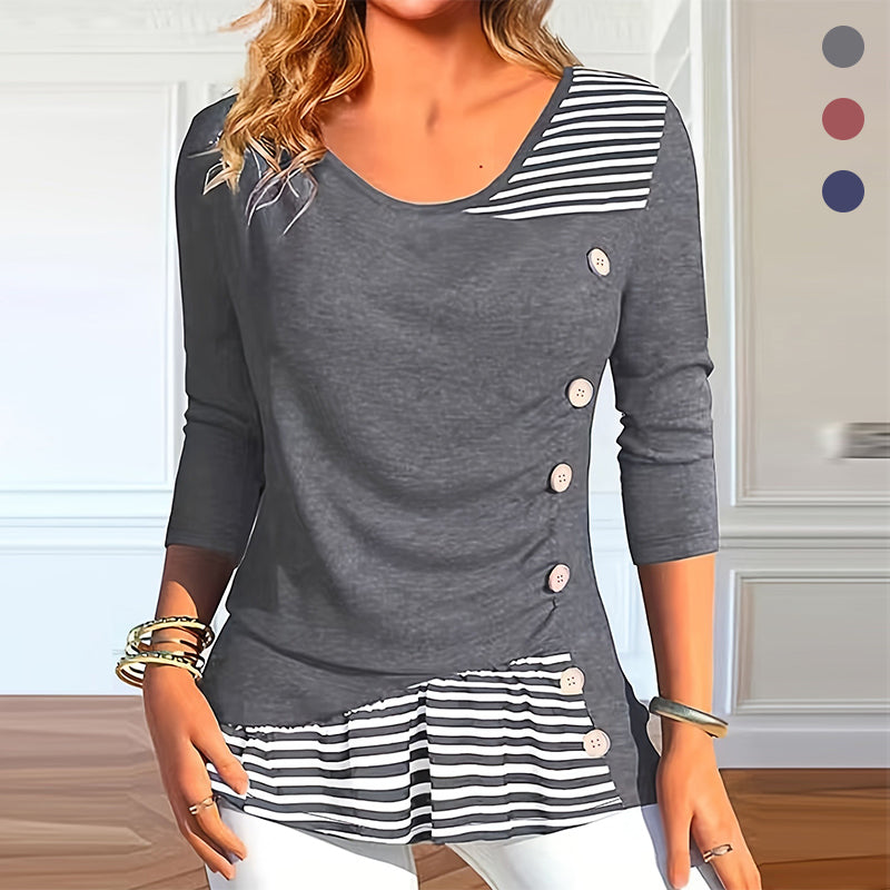 Striped Button Print Long Sleeve Casual Blouse