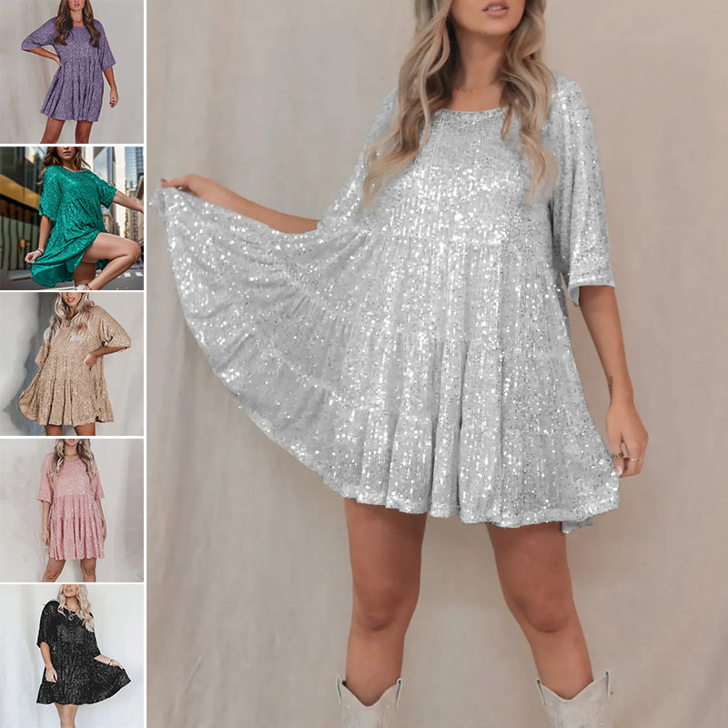 Sequined Round Neck Loose Waist Dress