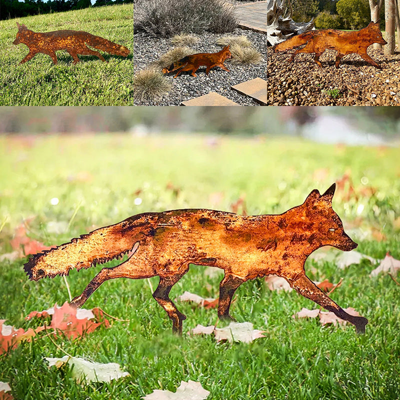 Sneaky Rustic Metal Fox Garden Decoration with Stakes