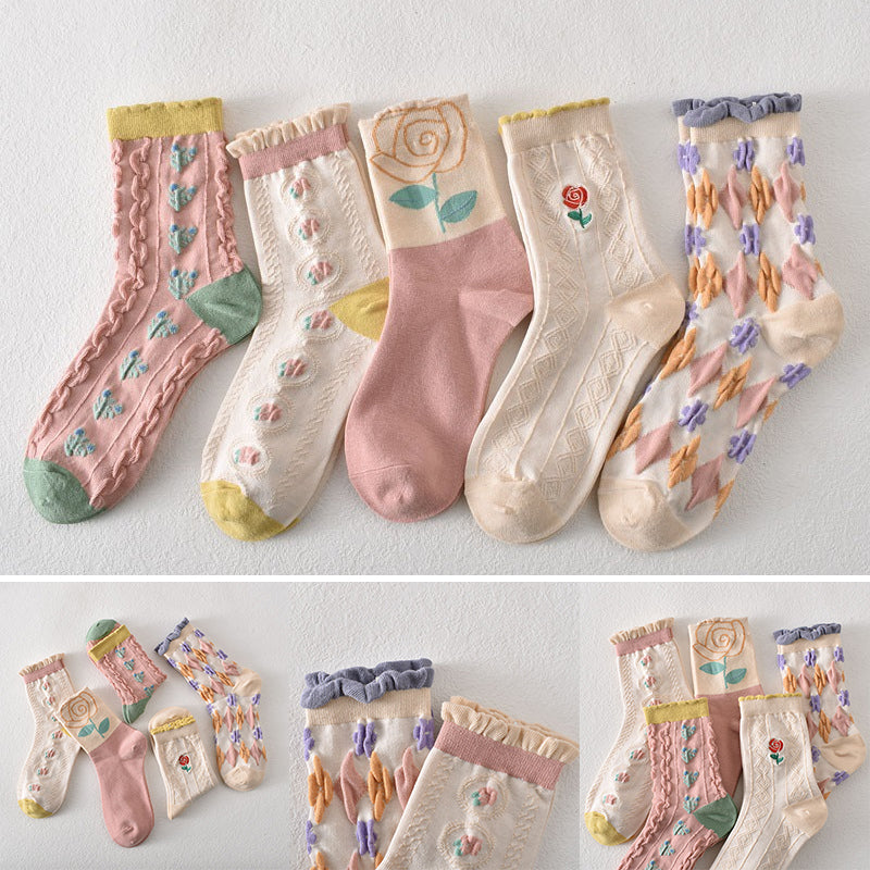 Women's Pink Floral Cotton Socks(5 pairs)