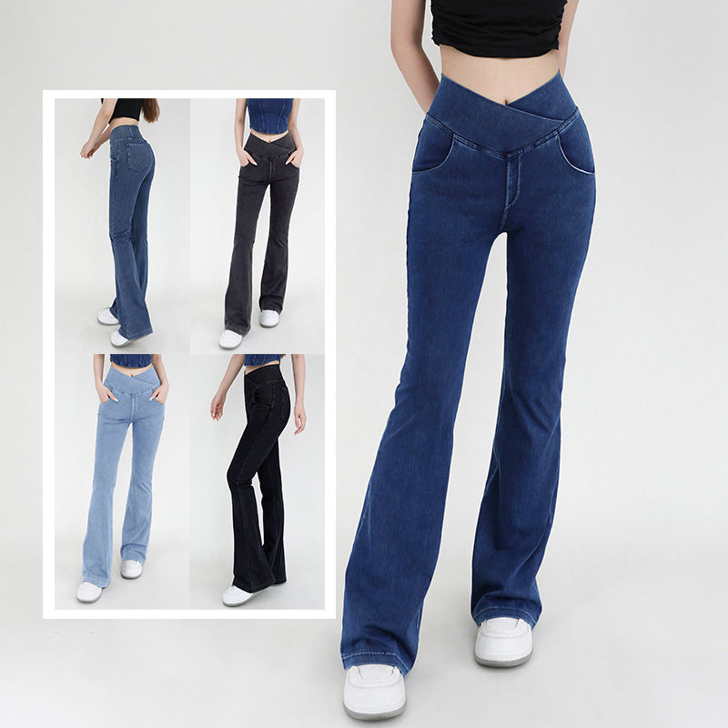 Stretchy Denim High Waisted Crossover Flare Pants