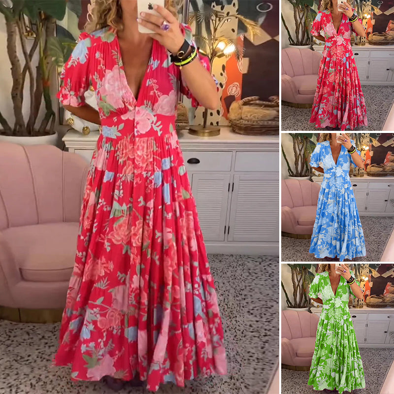 Floral Pattern Pocket Dress with V-neckline
