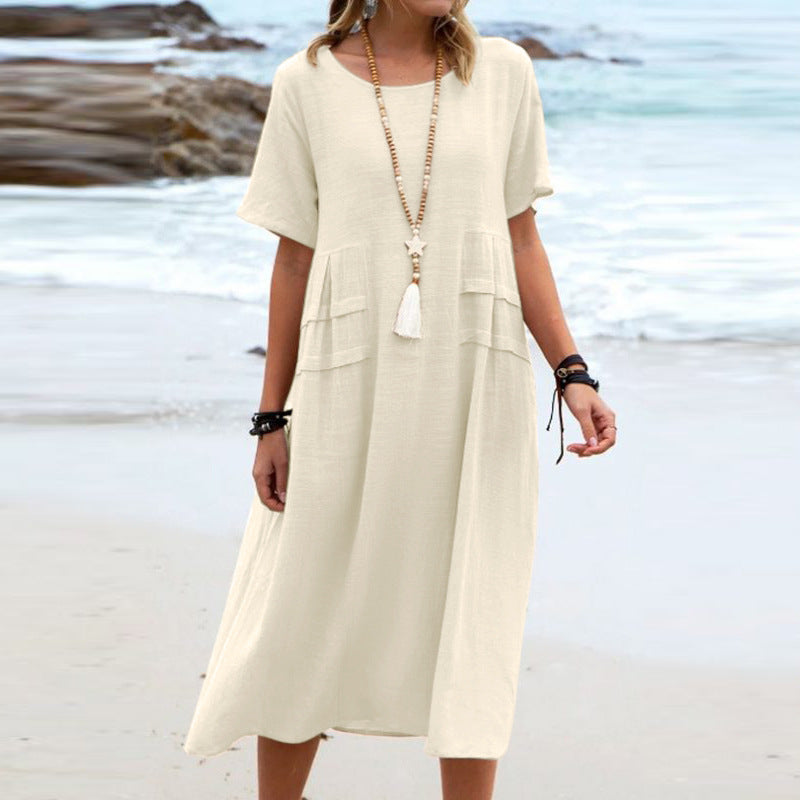 Cotton Linen Short Sleeve Round Neck Dress