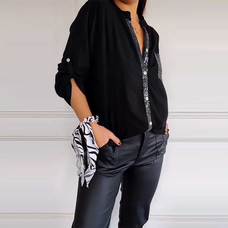 Relaxed button-up sequin paneled top
