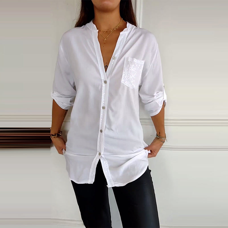 Relaxed button-up sequin paneled top