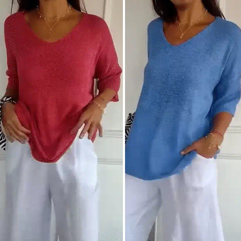 Solid Color Knitted V-neck Top
