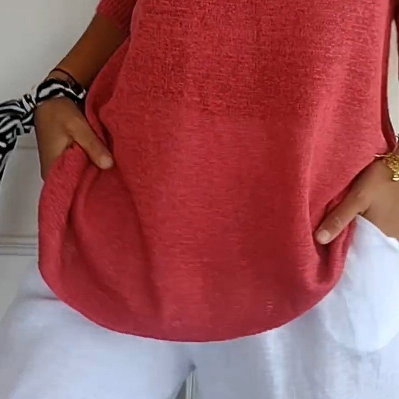 Solid Color Knitted V-neck Top