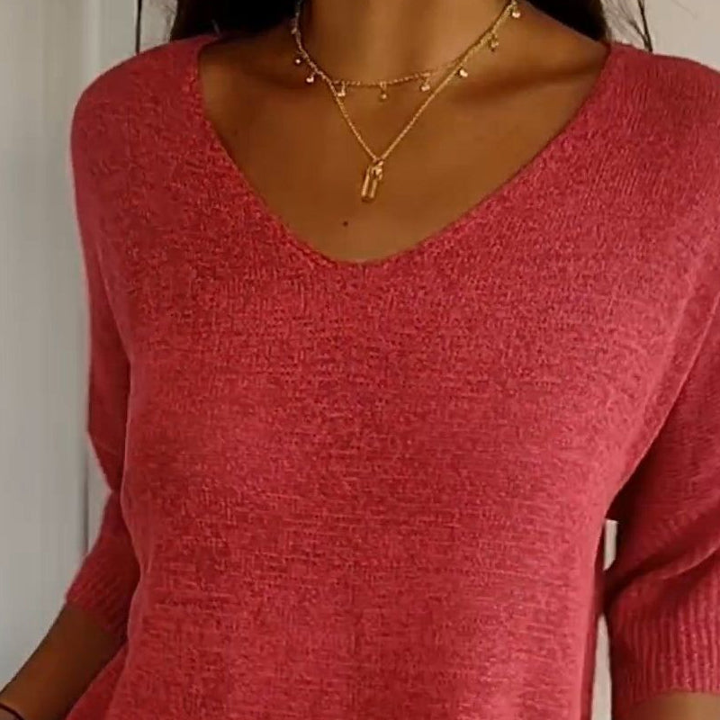 Solid Color Knitted V-neck Top
