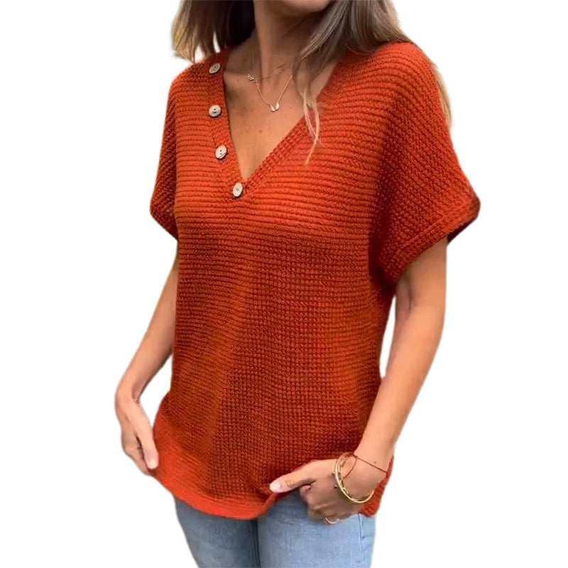 Waffle Grid Summer Short Sleeve V-Neck T-Shirt