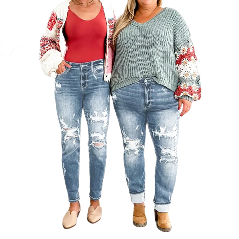 Torn Hole Mid-Waist Calf Pants