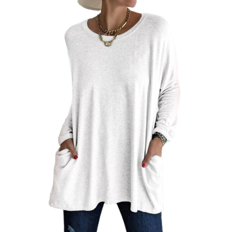 Round Neck Long Sleeve Pocket Solid T-Shirt