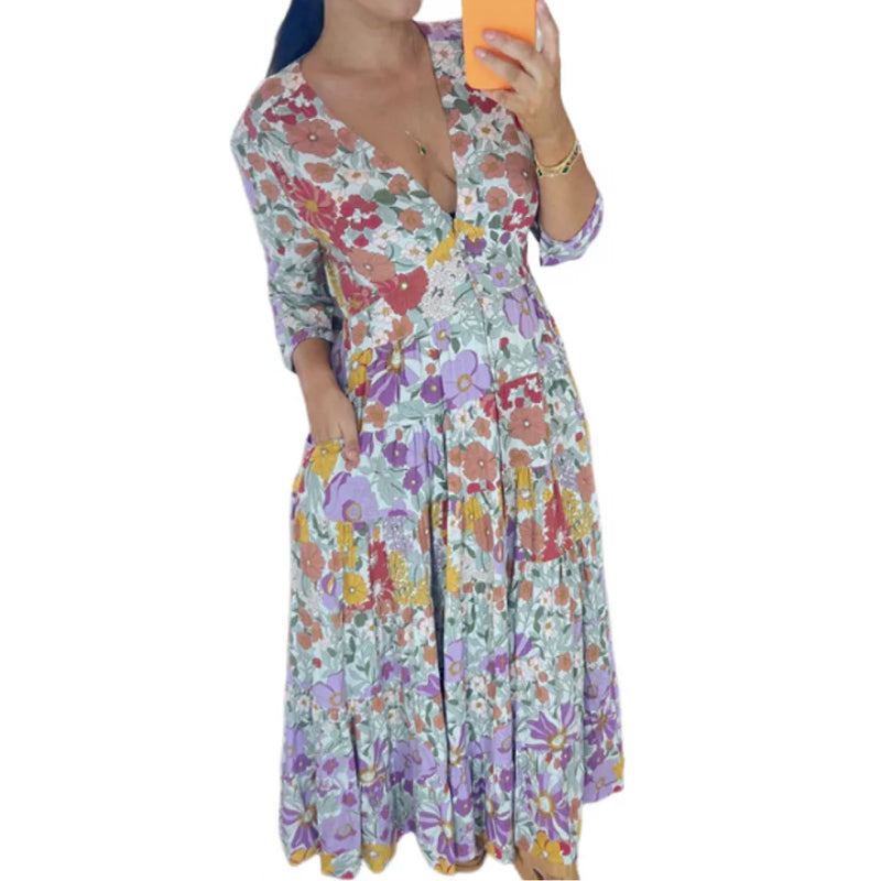 Casual Floral Print V-neck Dress