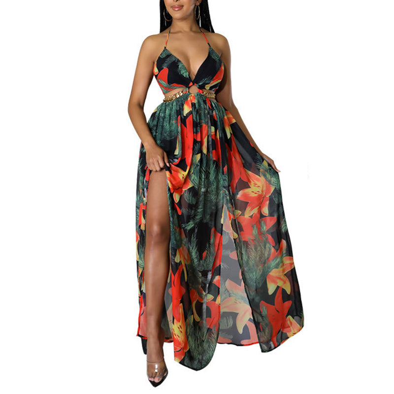 Women's Floral Print Chain Decor Split Thigh Dress