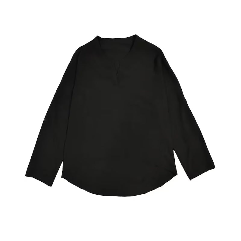 Plain Long Sleeve Casual Basic V Neck Blouse