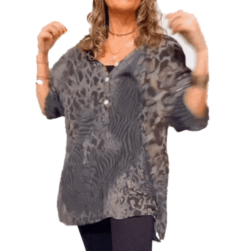 Women's V-neck Leopard Print Mid-sleeve Casual Top