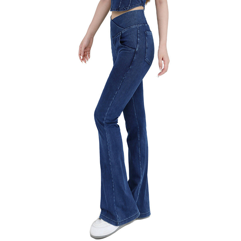 Stretchy Denim High Waisted Crossover Flare Pants