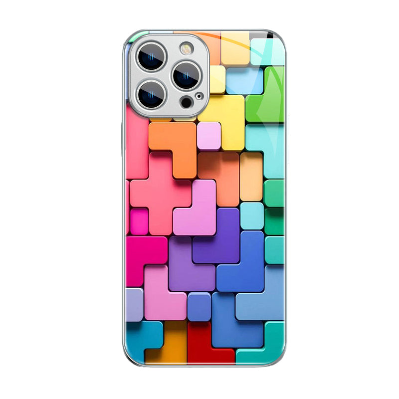 Flat 3D Square Pattern Glass Case Cover Compatible with iPhone