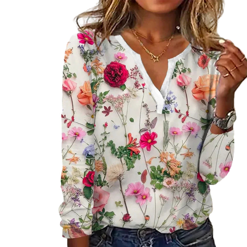Printed V-neck Long Sleeve Top