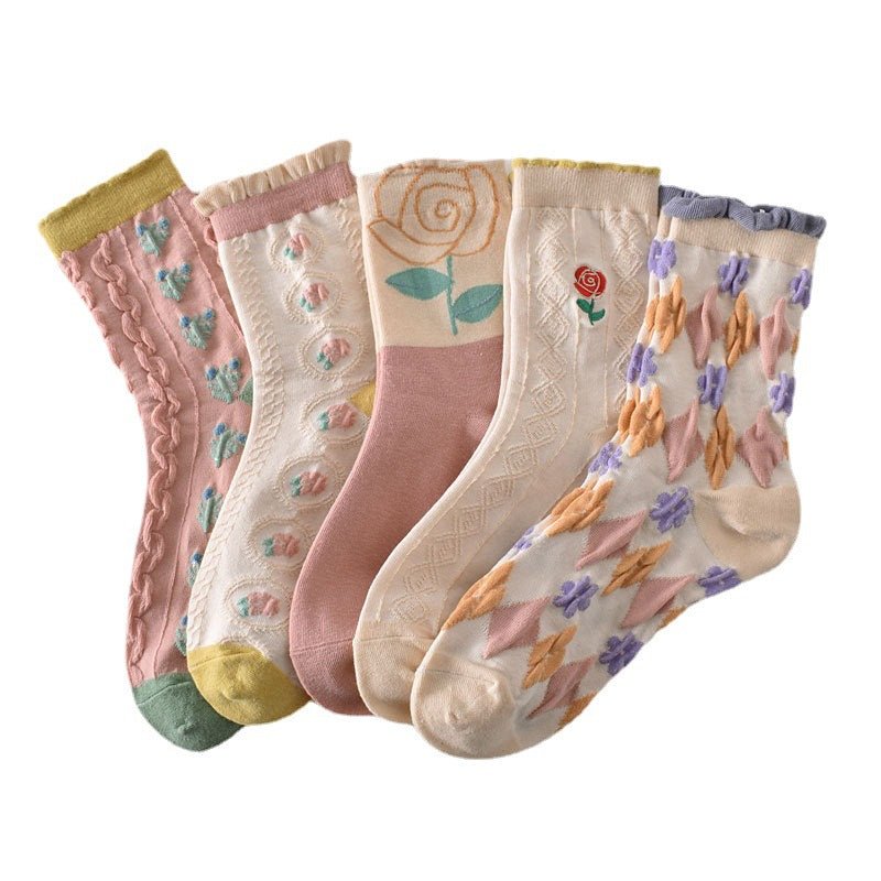 Women's Pink Floral Cotton Socks(5 pairs)