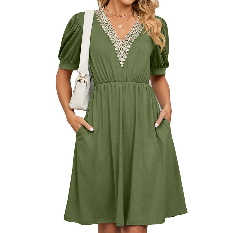 V-neck Long Pocket Casual Dress