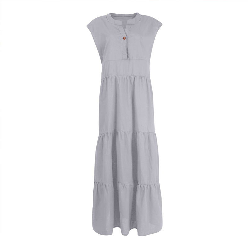 Women's V-Neck Button Sleeveless Tiered Long Dress